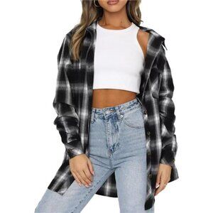 Womens Buffalo Plaid Flannel Shirt Long Sleeve Collar Button Down Blouses Tops